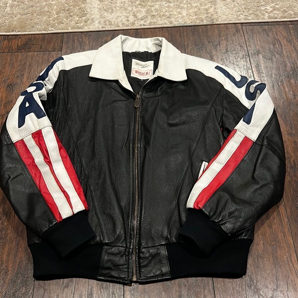 Vintage Michael Hoban USA patriotic Leather Motorcycle Jacket size XL in EUC